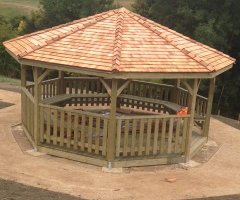 Cedar Roof increased pitch, octagonal shelter